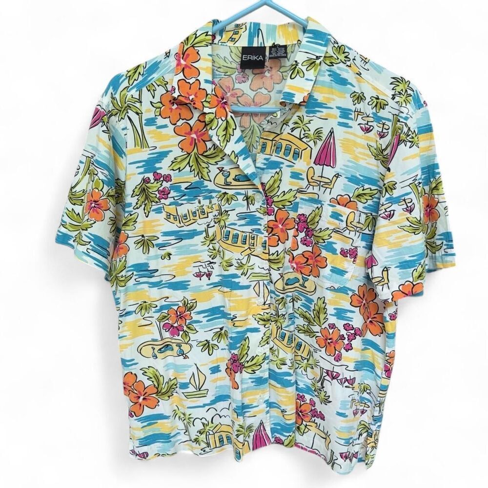 Vintage 90s Erika Tropical Camp Shirt Cabana Beach Resort Size L